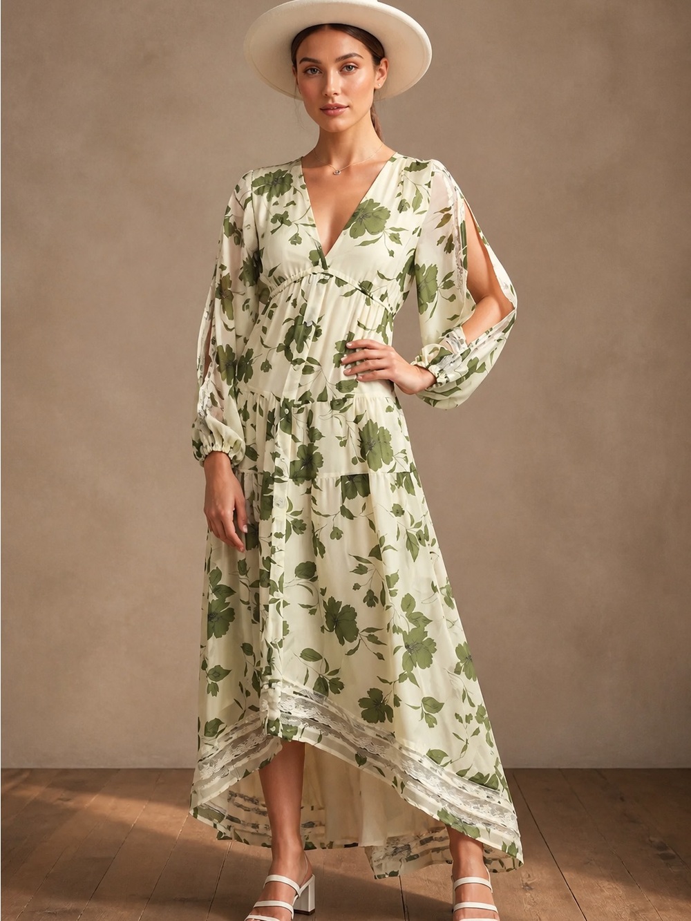 Lulu's Sweet Cream Floral High & Low Maxi Dress